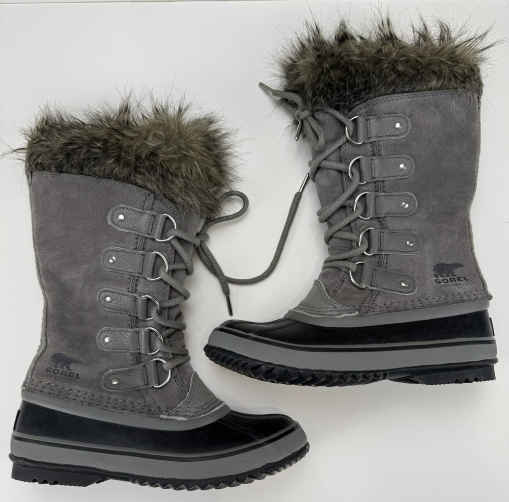 Sorel Joan of Arctic Womens 6 Quarry Gray Black Waterproof Snow Boots Faux Fur